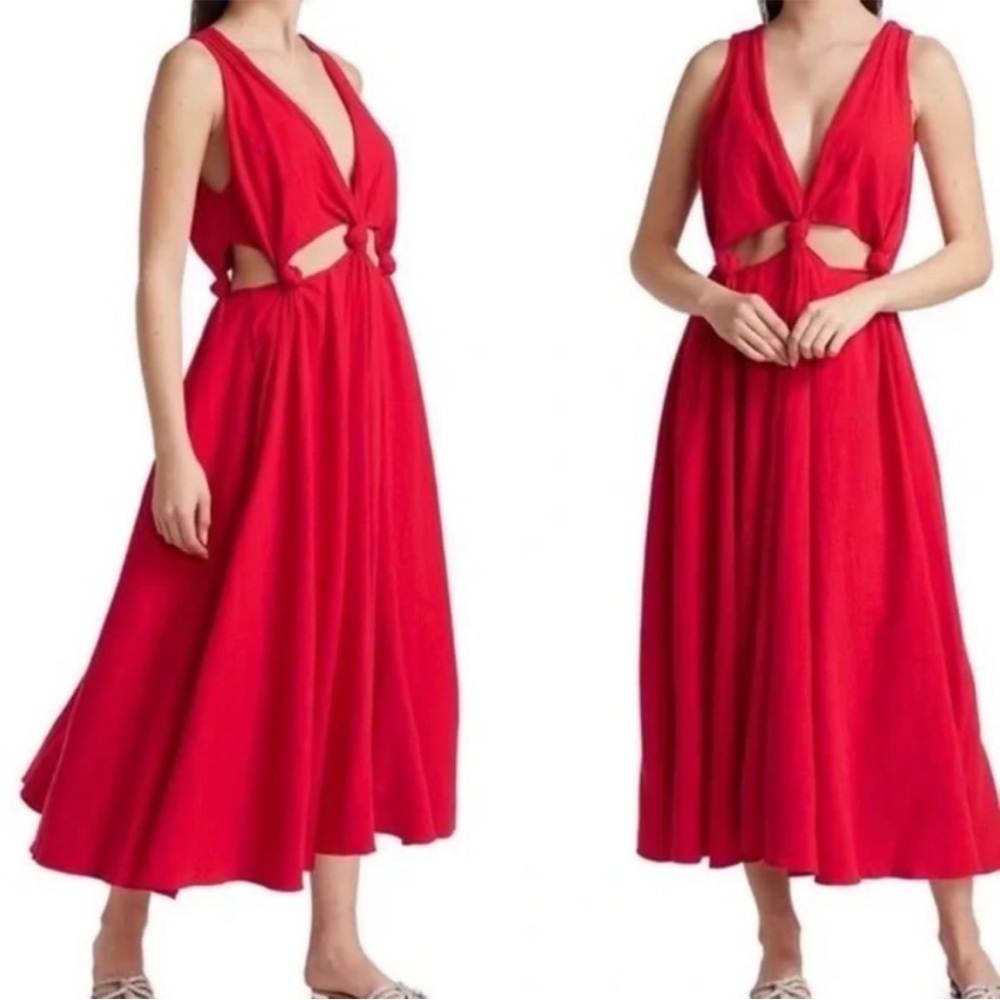 Farm Rio Knotted Cutout Linen-blend Midi Dress size Medium Papaya